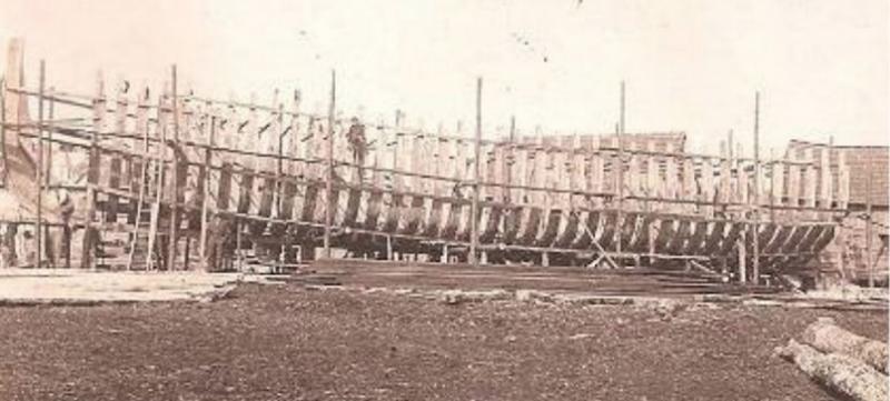 Ships were built outside in this early photograph of shipbuilding in Milton. MILTON HISTORICAL SOCIETY PHOTO